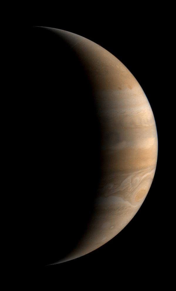 This crescent view of Jupiter was taken by NASA's Voyager 1 on Mar. 24, 1979.