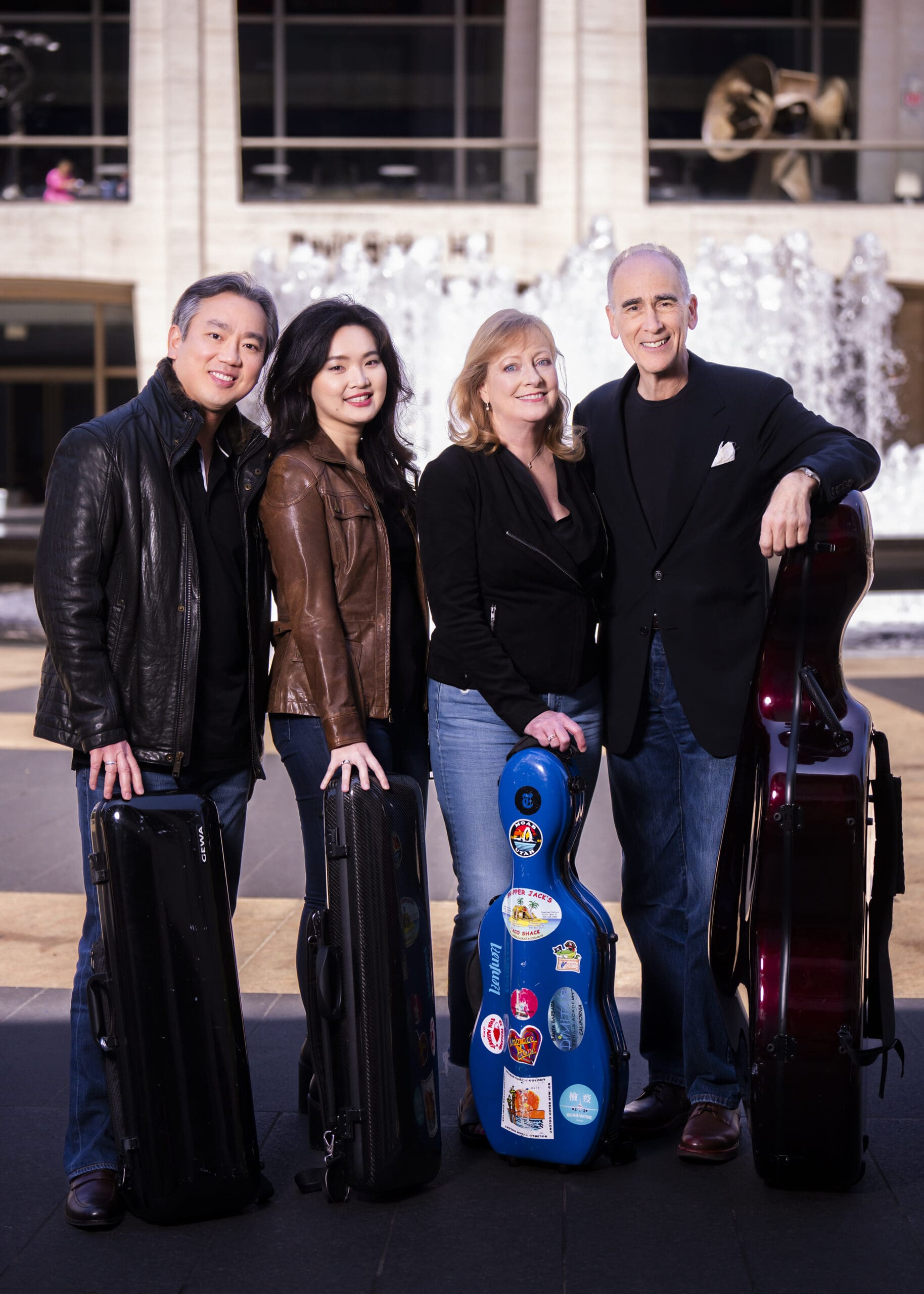 20230525-NYPStringQuartetByChrisLee New York Philharmonic String Quartet (Frank Huang, Qianqian Li, Carter Brey and Cythia Phelps), photographed at Lincoln Center Plaza, 5/25/2023. Photop by Chris Lee